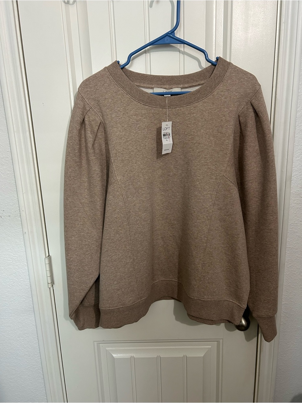LOFT Taupe Crewneck Sweatshirt with Subtle Puff Shoulders